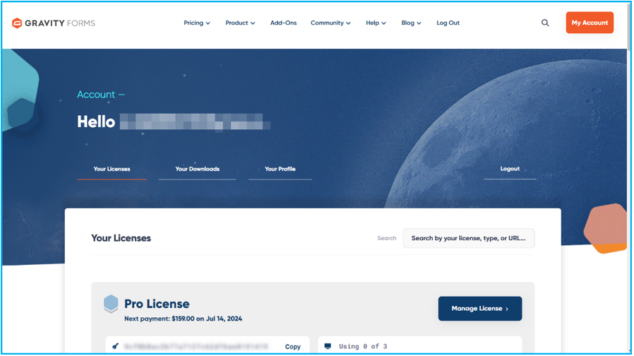 Image 1.: Display license keys after signing into the Gravity Forms account.